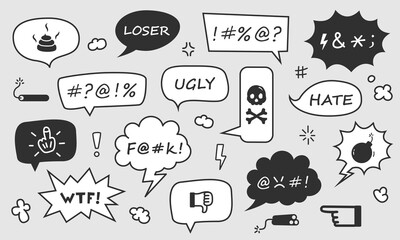 Set of speech bubbles of curses, insults with text and emoji on a gray background.