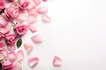 Poster - Pink rose petals on white background with copy space for text, Close up of blooming pink roses flowers and petals isolated on white table background with  Empty space, AI Generated