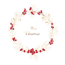 Christmas Wreath Frame With Watercolor Red Berries And Gold Leaves