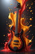 Musikinstrument Gitarre mit Farbspritzexplosion oder Farbpartikel-Splash zum World Day of Music und Weltmusiktag.