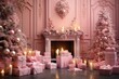 pink festive interior for Christmas, candles, gifts and Christmas tree, New Year