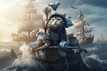 Pirate Cats Are Sailing On A Ship In The Sea