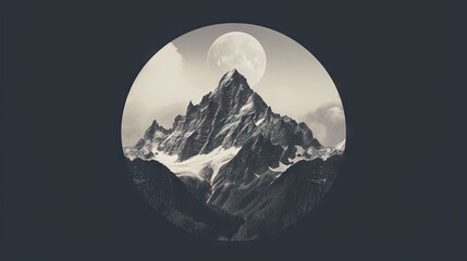 Sticker -  a black and white photo of a mountain with a full moon.  generative ai