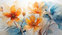  A Painting Of Orange Flowers On A White Background With Blue And Yellow Petals.  Generative Ai