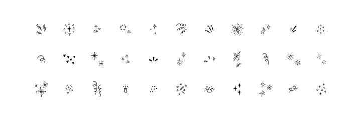 Set of cute line doodle elements for birthday, anniversary, Christmas, party kids and children invitation, poster, decoration. Lightning, explosion, sunburst, fireworks, bling, motion effects