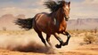 In the desert, a bay horse is galloping.