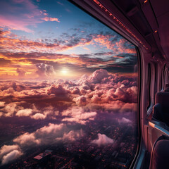 Sticker - Sunset View from Airplane Window. Dramatic purple red blue clouds on the sky