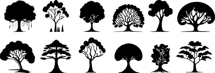 A collection of shady tree silhouettes of various types. Black and white tropical tree vector for design needs
