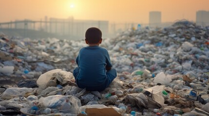 Wall Mural - Looking at a room full of garbage after the war destroyed his city, the back of a child in a slum community is sad and sad.