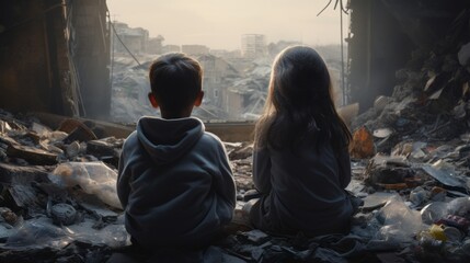 Looking at a room full of garbage after the war destroyed his city, the back of a child in a slum community is sad and sad.