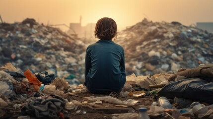 Wall Mural - Looking at a room full of garbage after the war destroyed his city, the back of a child in a slum community is sad and sad.