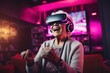 Modern aging concept, eldery people with VR, Virtual Reality Sensory Stimulation,  eldery people playing video game, Generative AI