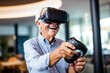 © Gasi - Modern aging concept, eldery people with VR, Virtual Reality Sensory Stimulation,  eldery people playing video game, Generative AI