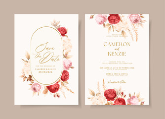 Wall Mural - set of wedding invitation card template with dry rose flowers and leaves decoration