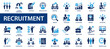Recruitment flat icons set. Resume, contract, career, skills, human resource, recruit, headhunting, job hiring. Flat icon collection.