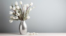  A Silver Vase Filled With White Flowers On Top Of A Table.  Generative Ai