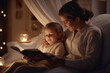 © Canvas Alchemy - Family before going to bed mother reads to her child a book near a lamp in the evening