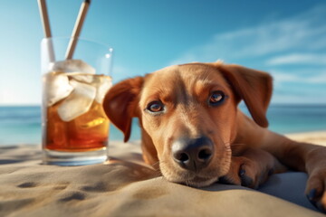 Funny dog posing on a beach with cocktail