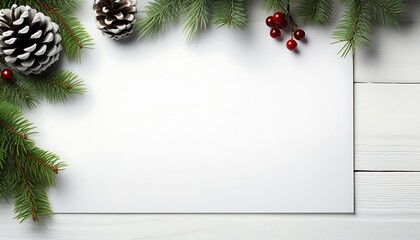 Wall Mural - Christmas card with fir branches and cones on a christmas background with empty space for text.  Snow Fir tree branches, pine cones, golden stars, and on a table. Top view with copy space.