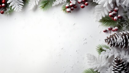 Wall Mural - Christmas background with fir branches and snow with empty space for text.  Snow Fir tree branches, pine cones, golden stars, and on a table. Top view with copy space.