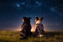 Two Dogs Sitting Backwards And Watching On Night Stars Sky. Milkyway Cosmos Background