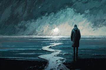 Wall Mural - Man in raincoat looking at a frozen lake at night