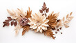 beautiful decoration with dried dahlia and leaves decoration and boho style on white background