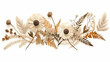 unique decoration with dried daisy fern and leaves decoration and boho flower on white background