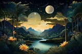 Fototapeta  - Nighttime view of a lush valley with lakes, surrounded by jungle. A peacock-shaped full moon shines among countless stars. Generative AI