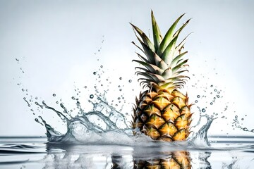 Sticker - Fresh single  ripe pineapple fruit in water splash on white backround