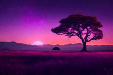 Red Alien Landscape With Alone Tree Silhouette In Purple Field- Elements Of This Image Are Furnished By NASA