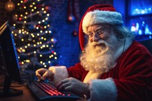 Santa Claus Is Playing Video Games On Christmas Night.  Computer And Keyboard With Lightsม Funny Modern And Gamer Santa Claus. Generative Ai