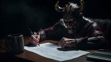 The Devil Signing A Contract In His Office.