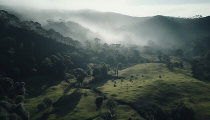 Tranquil hiking adventure in autumn meadow, high up mountain peak generated by AI