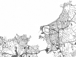 greyscale vector city map of saint-malo in france with with water, fields and parks, and roads on a 