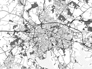 greyscale vector city map of vannes in france with with water, fields and parks, and roads on a whit