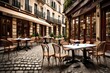 Generate an image of a classic French cafe with bistro chairs and a small table on a cobblestone street 
