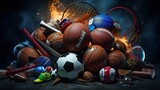 A set of different sport equipment and balls