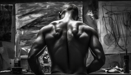 Poster - Muscular young adult exercising strength indoors shirtless generated by AI