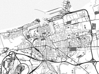 greyscale vector city map of calais in france with with water, fields and parks, and roads on a whit
