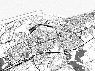 greyscale vector city map of dunkirk in france with with water, fields and parks, and roads on a whi
