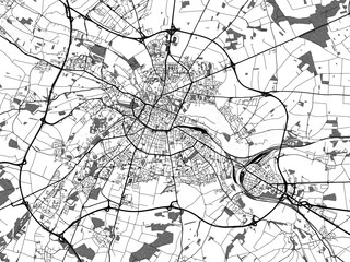 greyscale vector city map of amiens in france with with water, fields and parks, and roads on a whit
