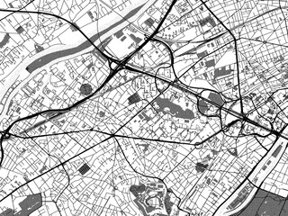 greyscale vector city map of nanterre in france with with water, fields and parks, and roads on a wh