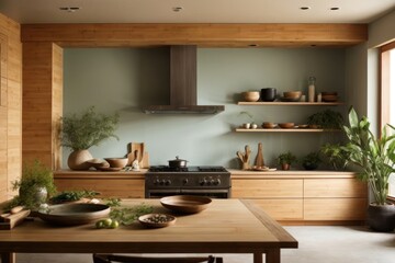 Serene Zen-Inspired Interior Design Kitchen with Natural Bamboo and Wood Elements, AI Generated