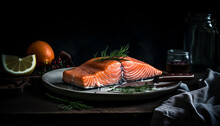 Grilled salmon steak with lemon and dill on dark wood generated by AI
