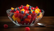 Fresh fruit salad with raspberry, blueberry, and strawberry on wood generated by AI