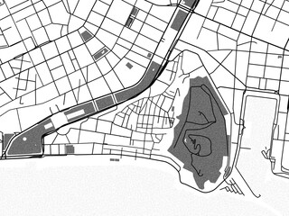 greyscale vector city map of nice centre in france with with water, fields and parks, and roads on a