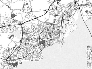 greyscale vector city map of saint-nazaire in france with with water, fields and parks, and roads on