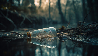 Poster - Transparent water bottle reflects forest beauty generated by AI