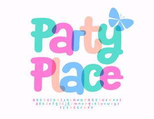 Wall Mural - Vector cute template Party Place. Funny watercolor Font. Kids handwritten Alphabet Letters and Numbers set